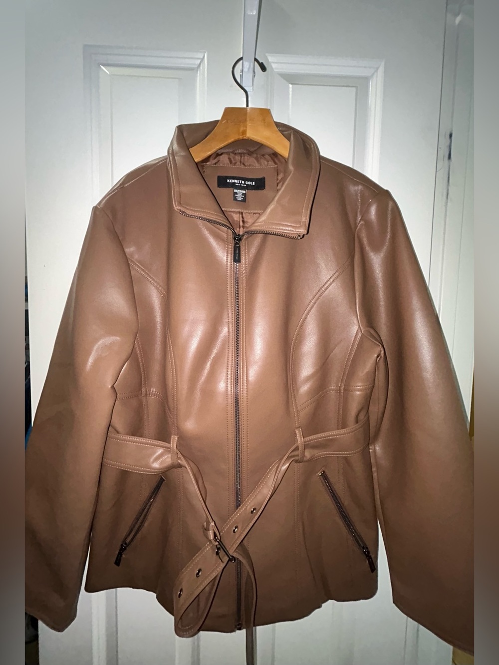 Kenneth Cole Women's Brown Faux Leather Belted Jacket - NEW - XXL